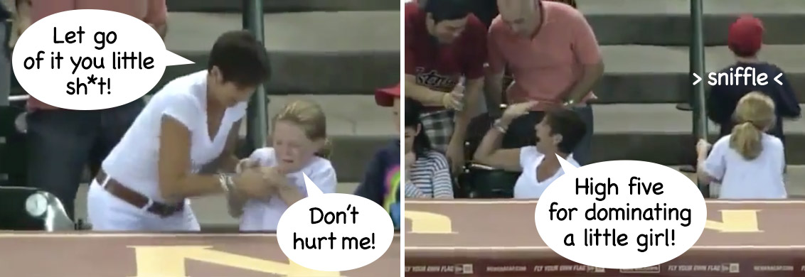 worst woman ever steals and grabs a baseball from a little girl